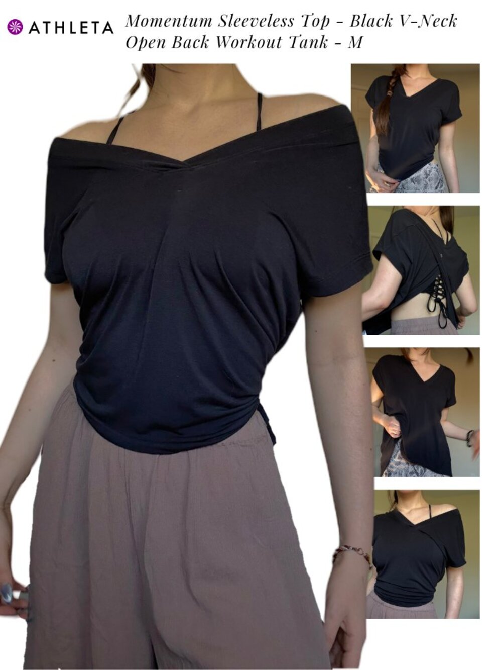 Athleta Momentum Sleeveless Top - Black V-Neck Open Back Workout Tank - M